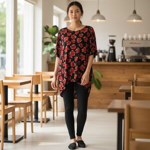 Gorgeous oversized‎ loose fitting black blouse with red roses.